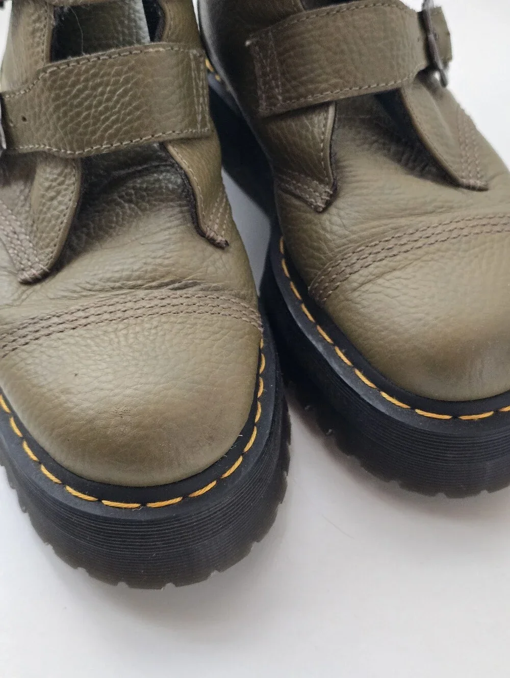 Dr. Martens Devon Flower Buckle Platform Boots Khaki Green US 10